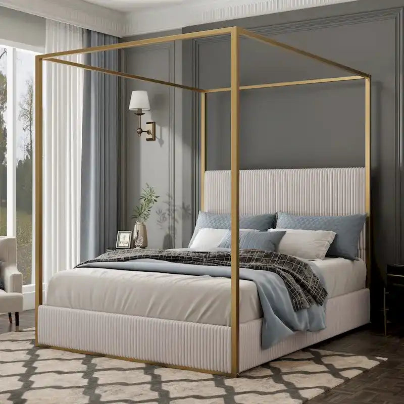 Modern Luxury Metal Canopy Bed with Tall Upholstered Headboard & Four Poster