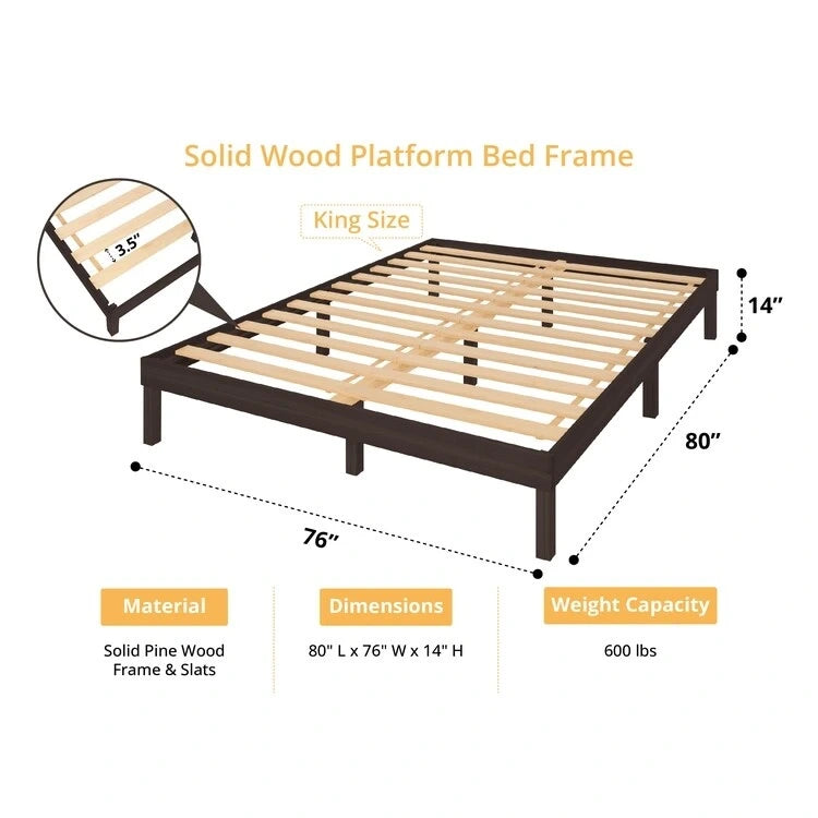 14 Inch Solid Pine Wood Platform Bed Frame No Squeak Bed Frame with Wooden Slats No Box Spring Needed