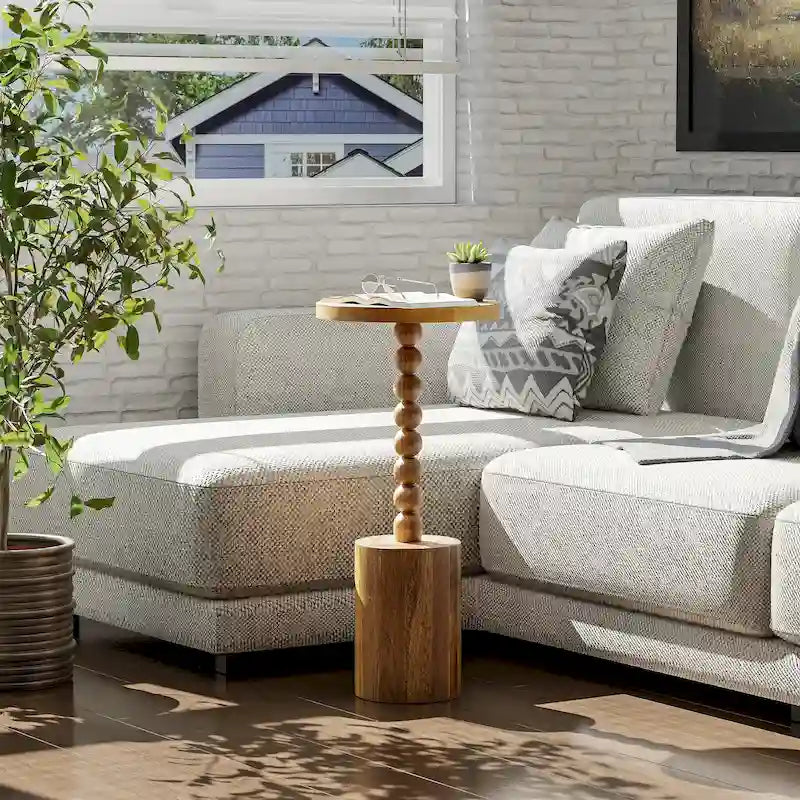 Wood Pedestal End table, Modern Drink Table with Base, Round Martini Table for Small Space Living Room, Bedroom
