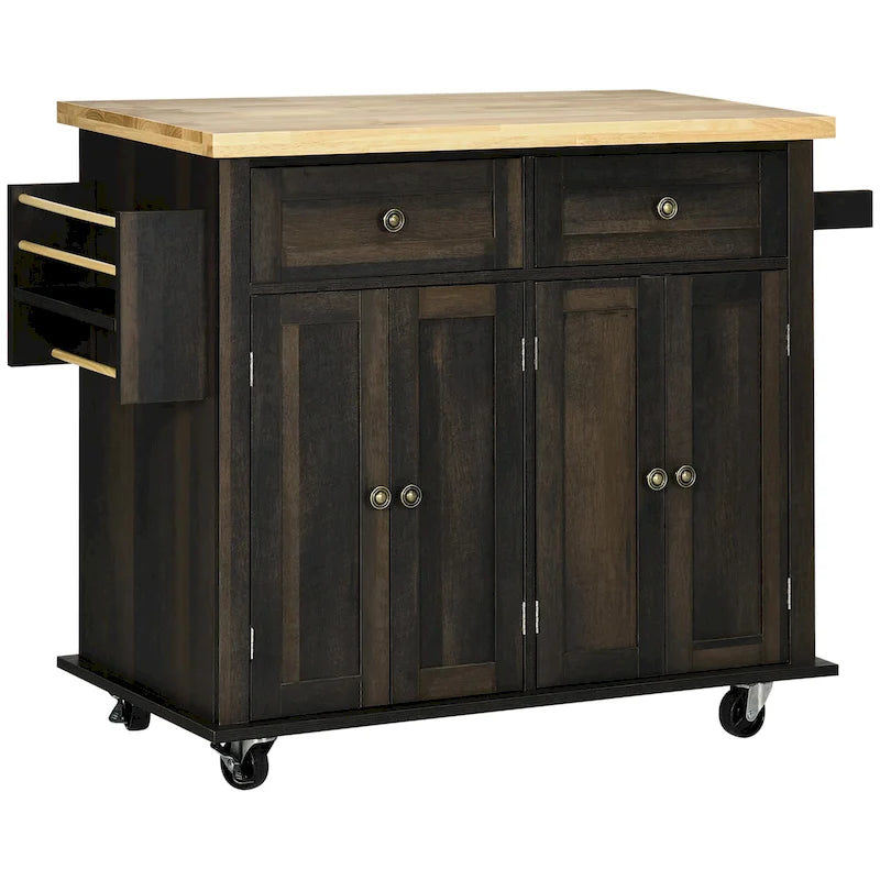 Kitchen Island on Wheels, Rolling Cart with Rubberwood Top, Spice Rack, Towel Rack and Drawers for Dining Room, Brown Oak