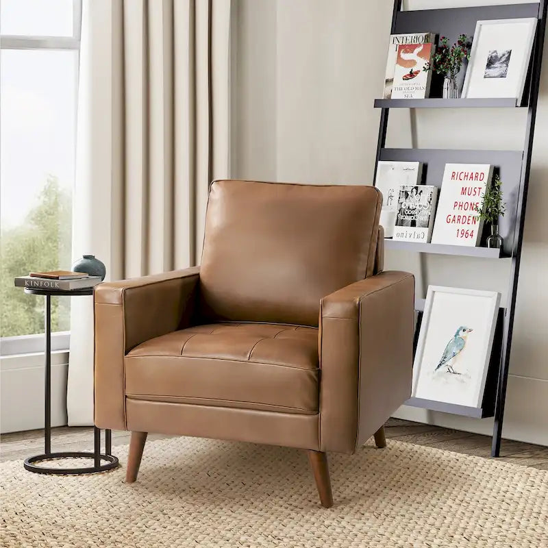 Mid-century Genuine Leather Arm Chair