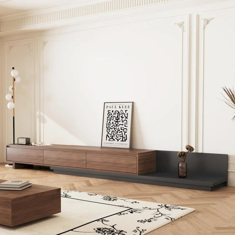 Extendable 118 Modern TV Stand with 3 Spacious Drawers, Adjustable Length Media Console for Living Room