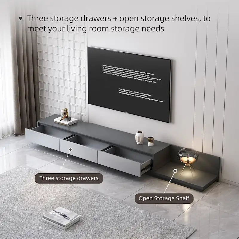 Extendable 118 Modern TV Stand with 3 Spacious Drawers, Adjustable Length Media Console for Living Room