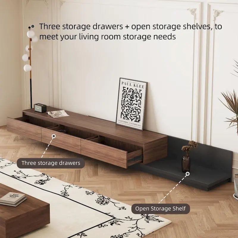Extendable 118 Modern TV Stand with 3 Spacious Drawers, Adjustable Length Media Console for Living Room