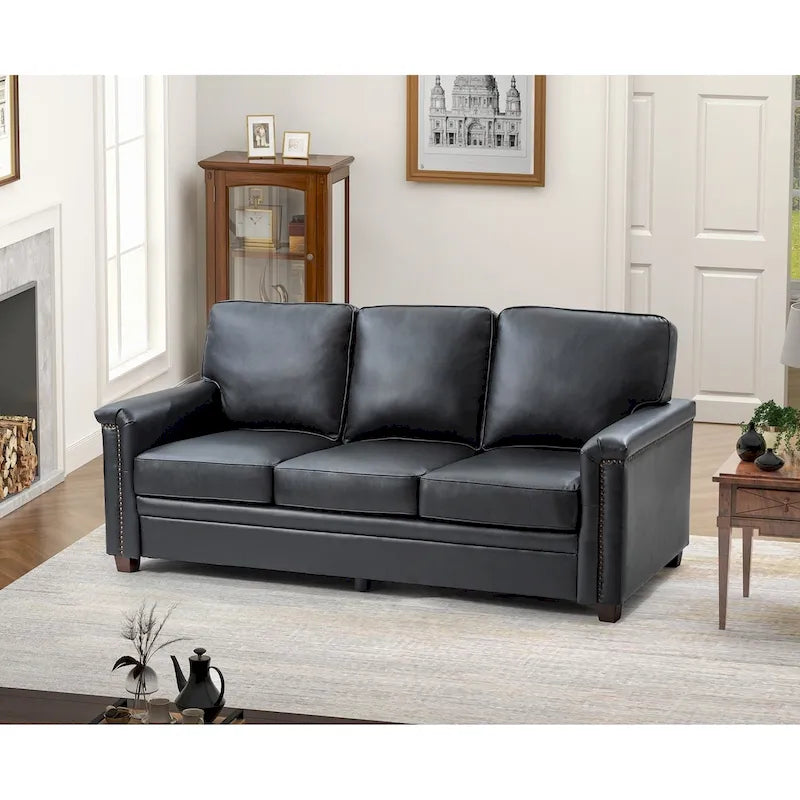 Living Room 3-Seat Genuine Leather Sofa with Solid Wood Legs and Nailhead