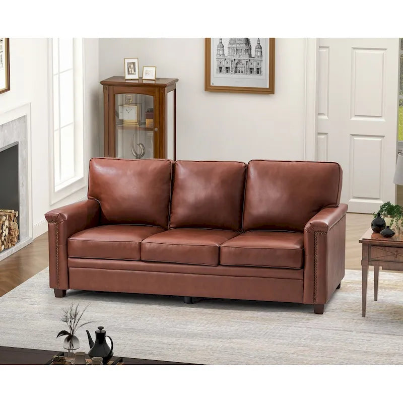 Living Room 3-Seat Genuine Leather Sofa with Solid Wood Legs and Nailhead