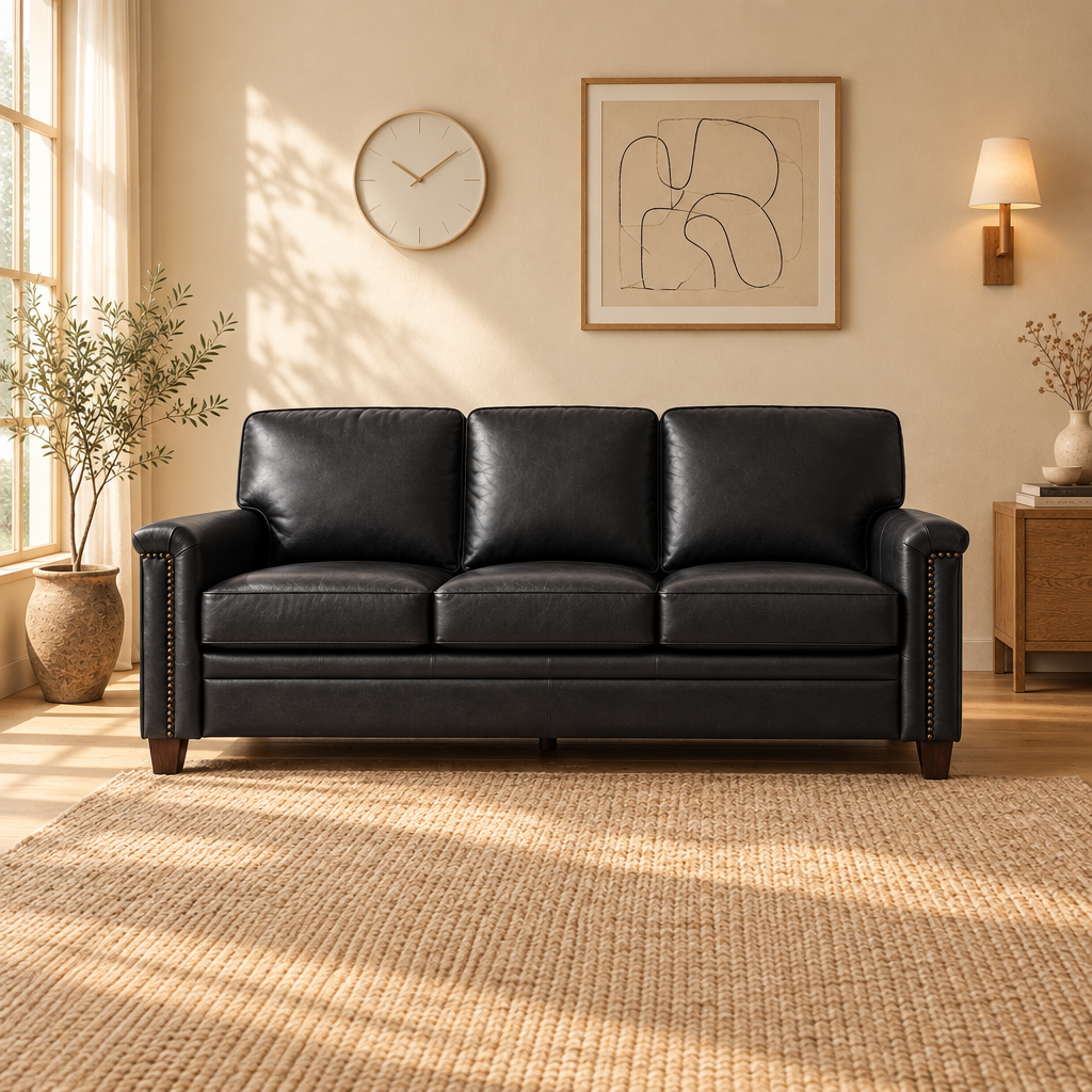 Living Room 3-Seat Genuine Leather Sofa with Solid Wood Legs and Nailhead