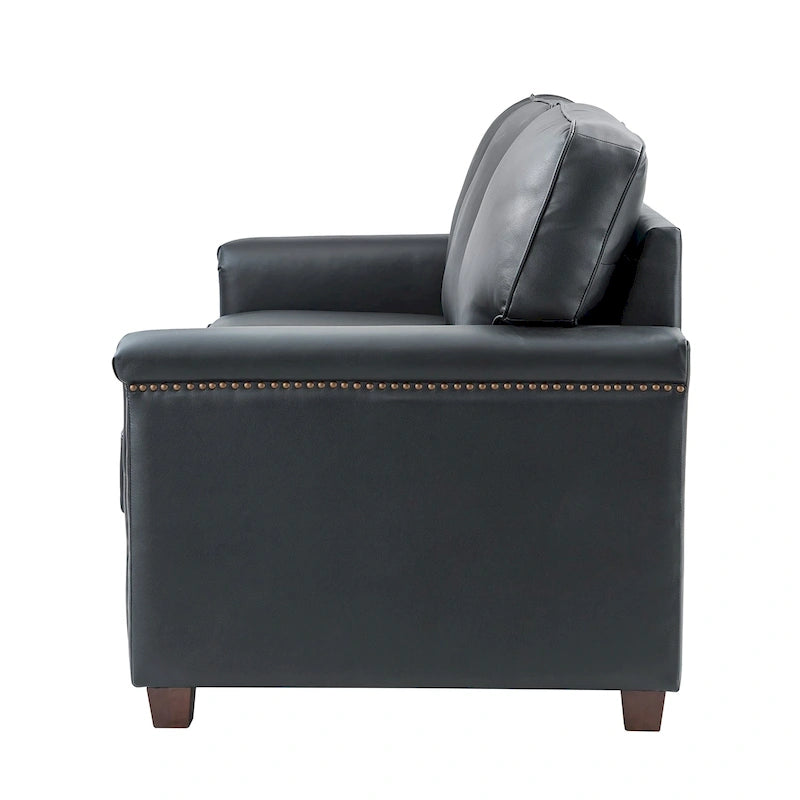 Living Room 3-Seat Genuine Leather Sofa with Solid Wood Legs and Nailhead