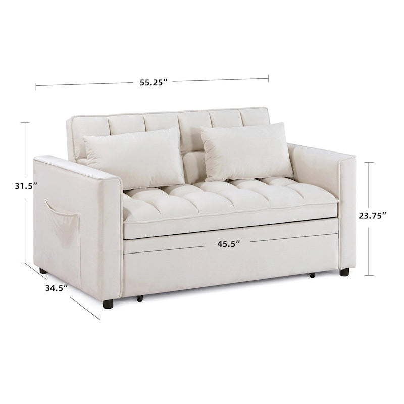 Klassisches 55-Zoll-Zweisitzersofa mit Ausziehfunktion, Knopfheftung und Schlaffunktion – 55W x 68L x 20H