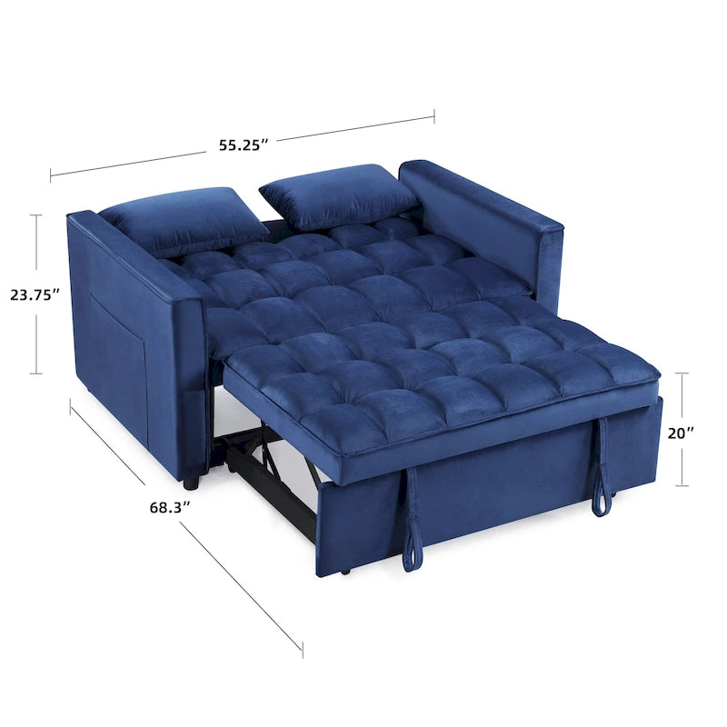 Klassisches 55-Zoll-Zweisitzersofa mit Ausziehfunktion, Knopfheftung und Schlaffunktion – 55W x 68L x 20H