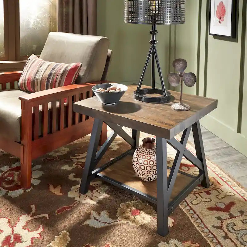 Rustic X-Base End Table with Shelf