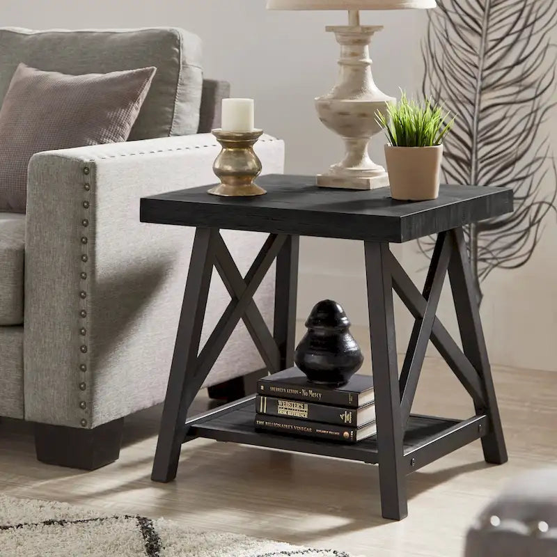 Rustic X-Base End Table with Shelf