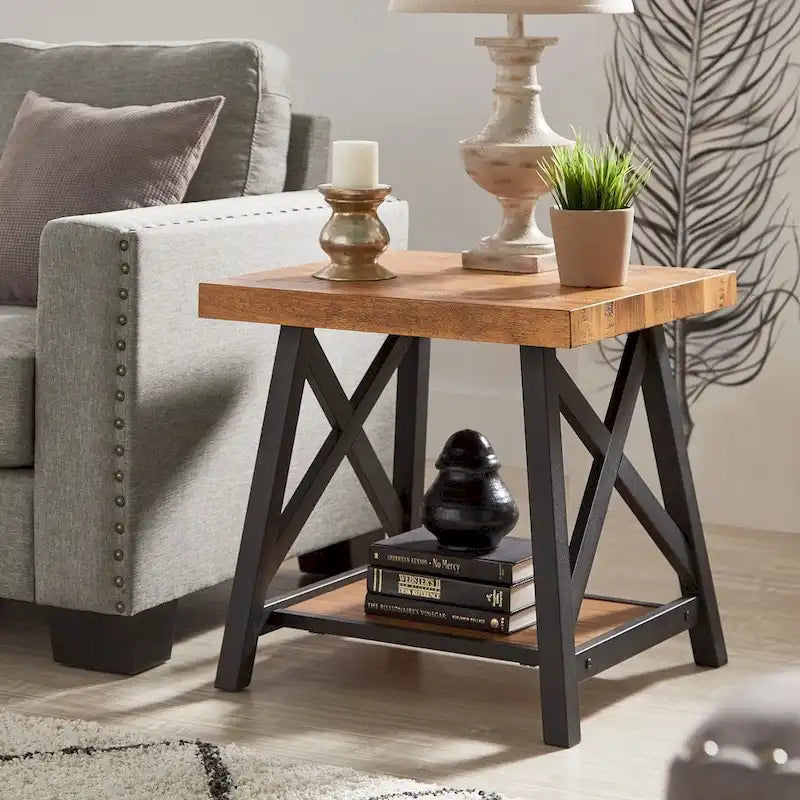 Rustic X-Base End Table with Shelf