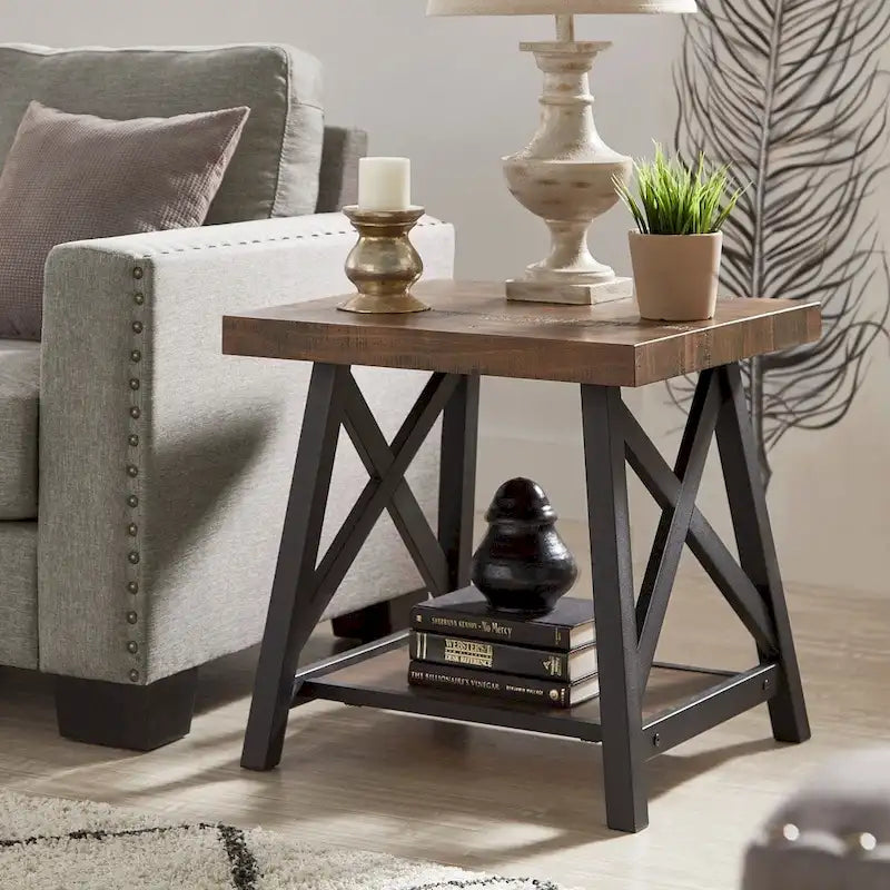 Rustic X-Base End Table with Shelf