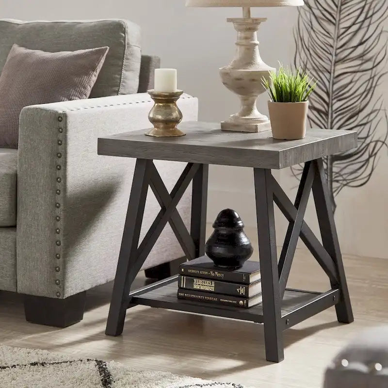 Rustic X-Base End Table with Shelf