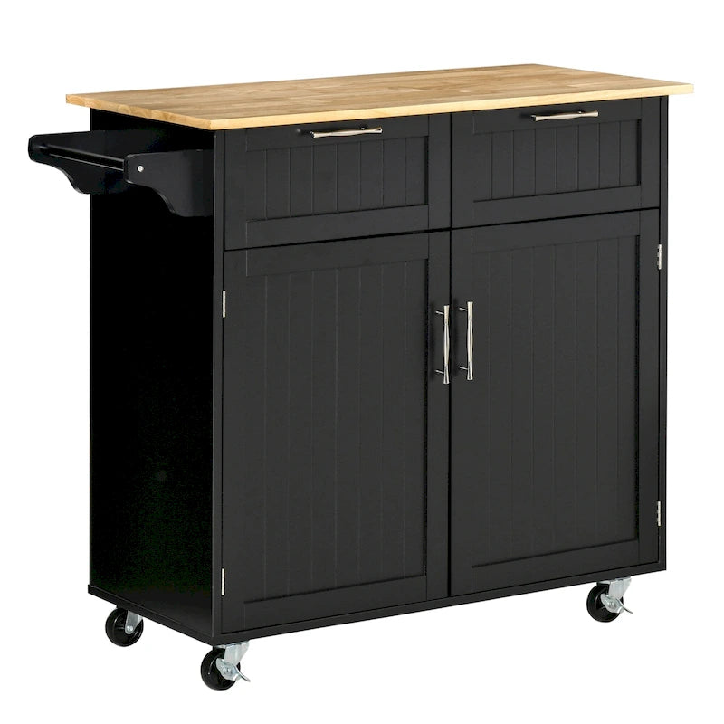41 Modern Rolling Kitchen Island, Kitchen Storage Utility Cart Trolley with Rubberwood Top, 2 Drawers, and Towel Rack