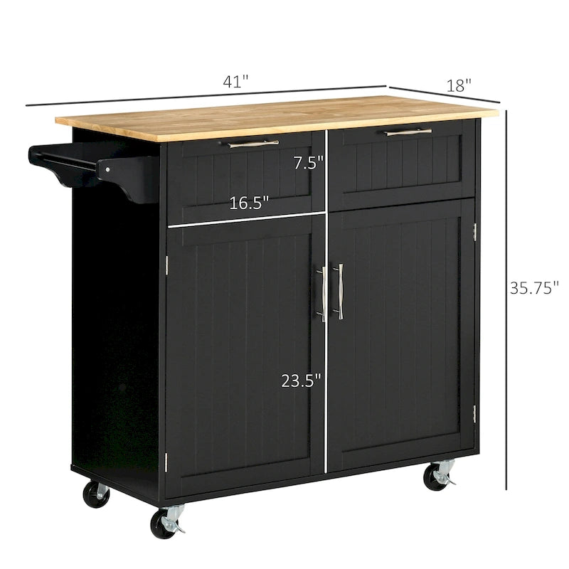 41 Modern Rolling Kitchen Island, Kitchen Storage Utility Cart Trolley with Rubberwood Top, 2 Drawers, and Towel Rack