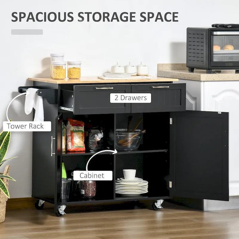 41 Modern Rolling Kitchen Island, Kitchen Storage Utility Cart Trolley with Rubberwood Top, 2 Drawers, and Towel Rack