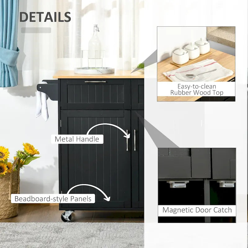 41 Modern Rolling Kitchen Island, Kitchen Storage Utility Cart Trolley with Rubberwood Top, 2 Drawers, and Towel Rack