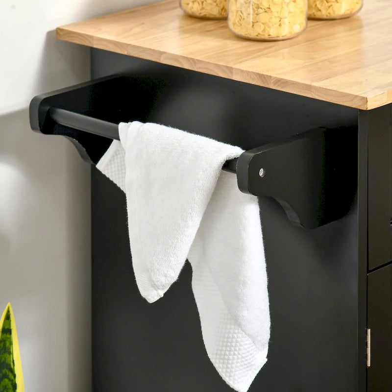 41 Modern Rolling Kitchen Island, Kitchen Storage Utility Cart Trolley with Rubberwood Top, 2 Drawers, and Towel Rack