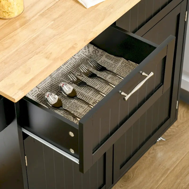 41 Modern Rolling Kitchen Island, Kitchen Storage Utility Cart Trolley with Rubberwood Top, 2 Drawers, and Towel Rack