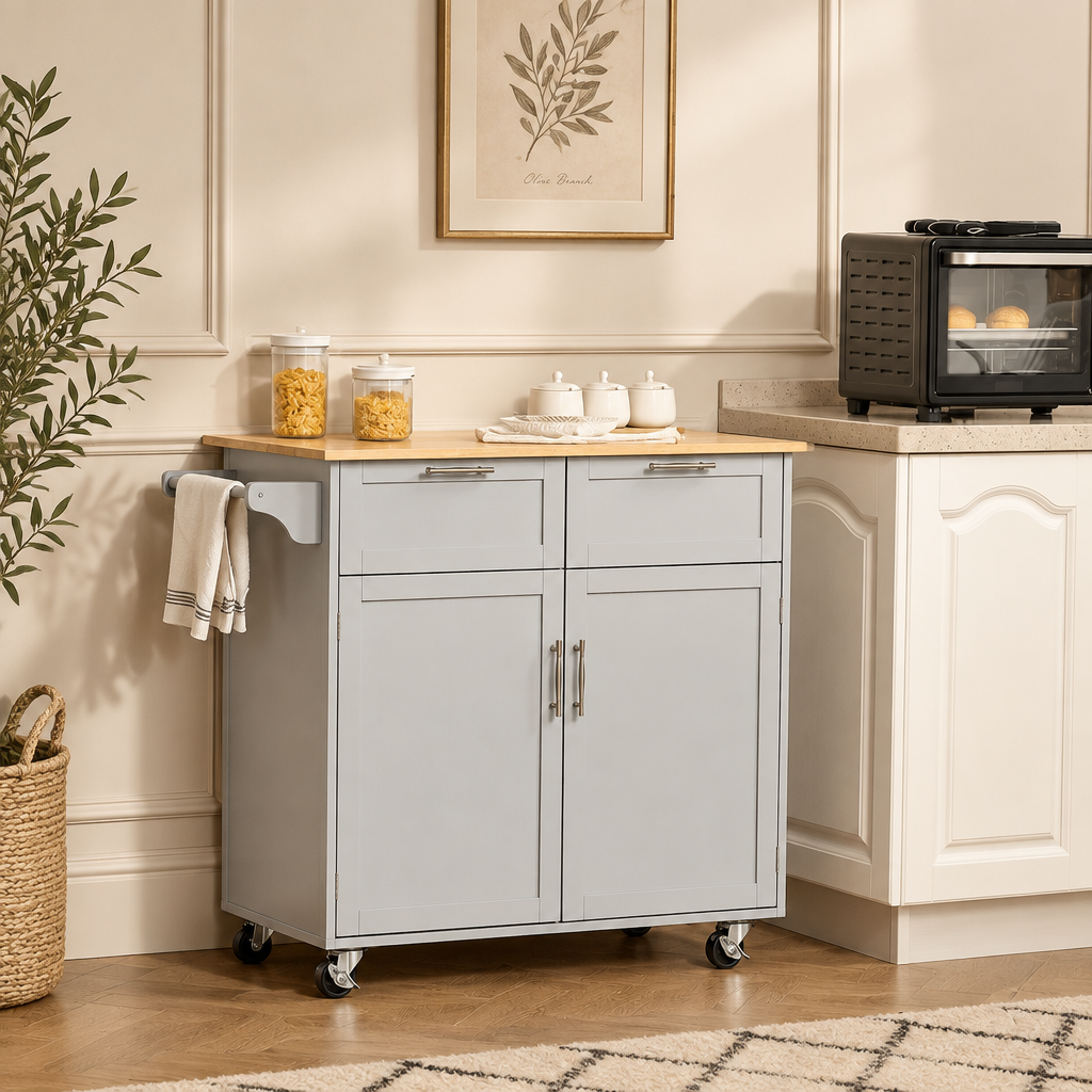 41 Modern Rolling Kitchen Island, Kitchen Storage Utility Cart Trolley with Rubberwood Top, 2 Drawers, and Towel Rack