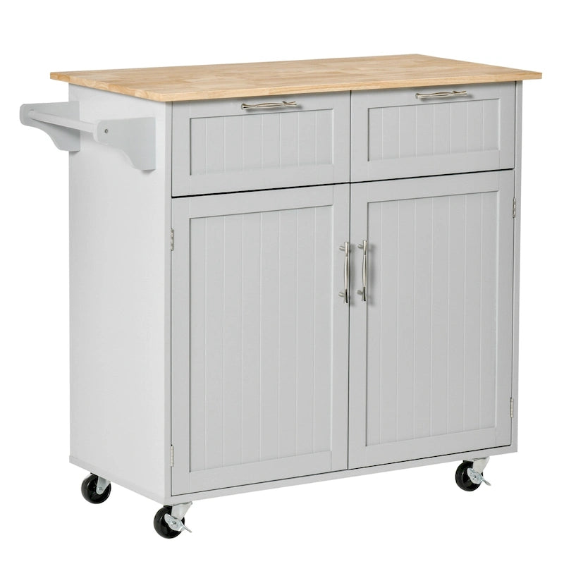 41 Modern Rolling Kitchen Island, Kitchen Storage Utility Cart Trolley with Rubberwood Top, 2 Drawers, and Towel Rack