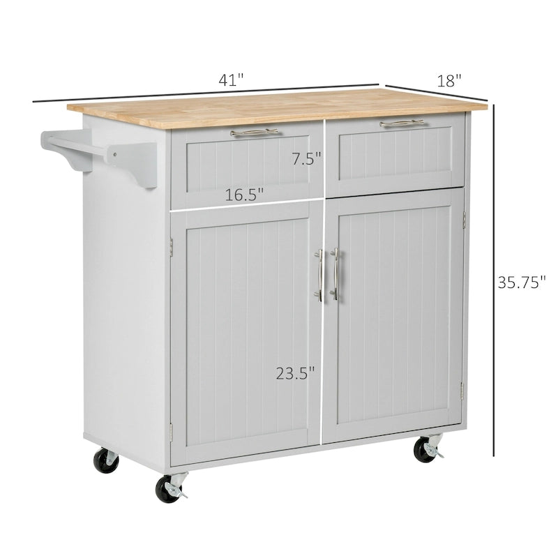 41 Modern Rolling Kitchen Island, Kitchen Storage Utility Cart Trolley with Rubberwood Top, 2 Drawers, and Towel Rack