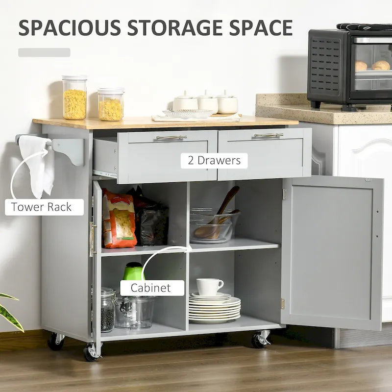 41 Modern Rolling Kitchen Island, Kitchen Storage Utility Cart Trolley with Rubberwood Top, 2 Drawers, and Towel Rack