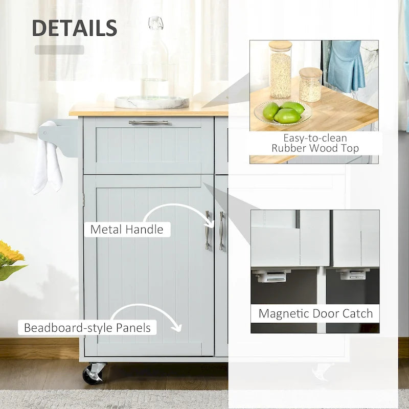 41 Modern Rolling Kitchen Island, Kitchen Storage Utility Cart Trolley with Rubberwood Top, 2 Drawers, and Towel Rack