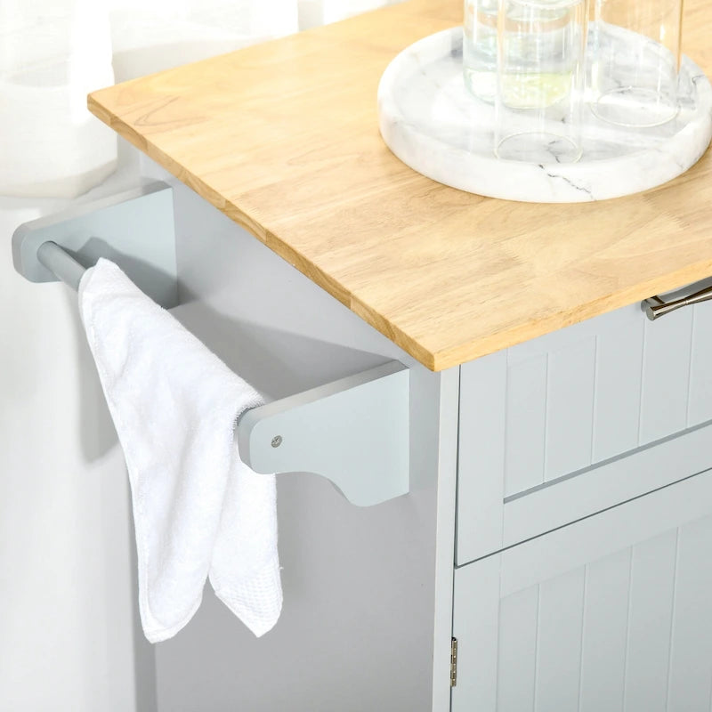 41 Modern Rolling Kitchen Island, Kitchen Storage Utility Cart Trolley with Rubberwood Top, 2 Drawers, and Towel Rack