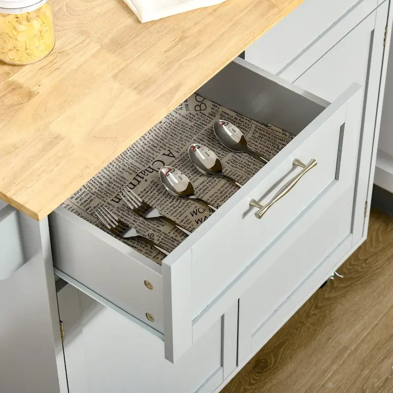 41 Modern Rolling Kitchen Island, Kitchen Storage Utility Cart Trolley with Rubberwood Top, 2 Drawers, and Towel Rack