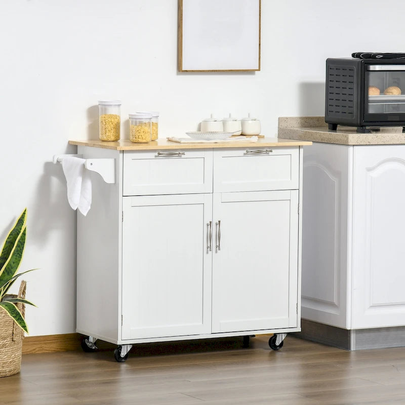 41 Modern Rolling Kitchen Island, Kitchen Storage Utility Cart Trolley with Rubberwood Top, 2 Drawers, and Towel Rack