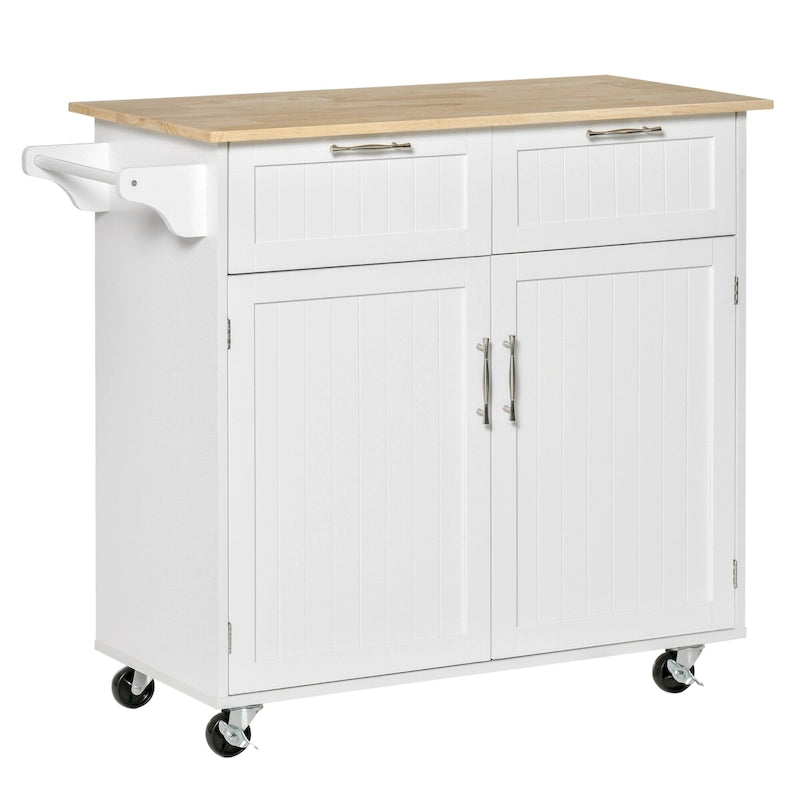 41 Modern Rolling Kitchen Island, Kitchen Storage Utility Cart Trolley with Rubberwood Top, 2 Drawers, and Towel Rack
