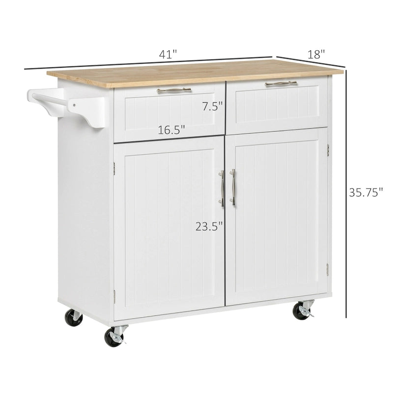 41 Modern Rolling Kitchen Island, Kitchen Storage Utility Cart Trolley with Rubberwood Top, 2 Drawers, and Towel Rack