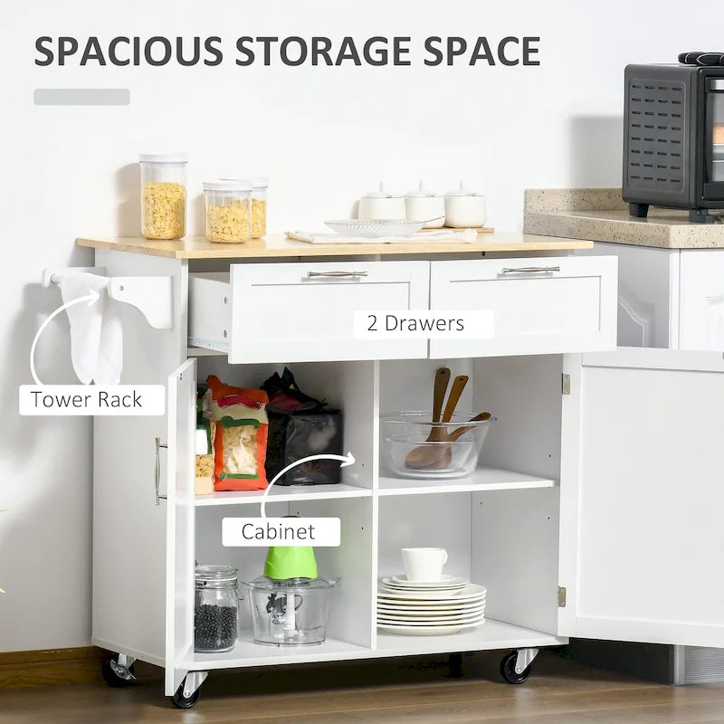 41 Modern Rolling Kitchen Island, Kitchen Storage Utility Cart Trolley with Rubberwood Top, 2 Drawers, and Towel Rack