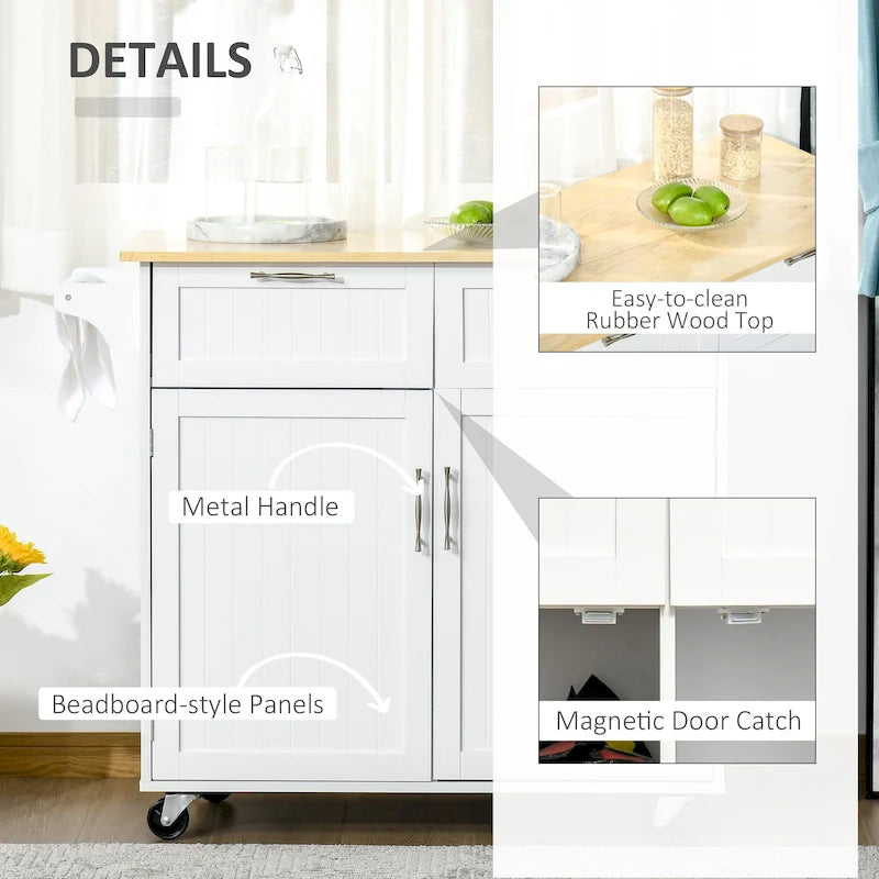 41 Modern Rolling Kitchen Island, Kitchen Storage Utility Cart Trolley with Rubberwood Top, 2 Drawers, and Towel Rack