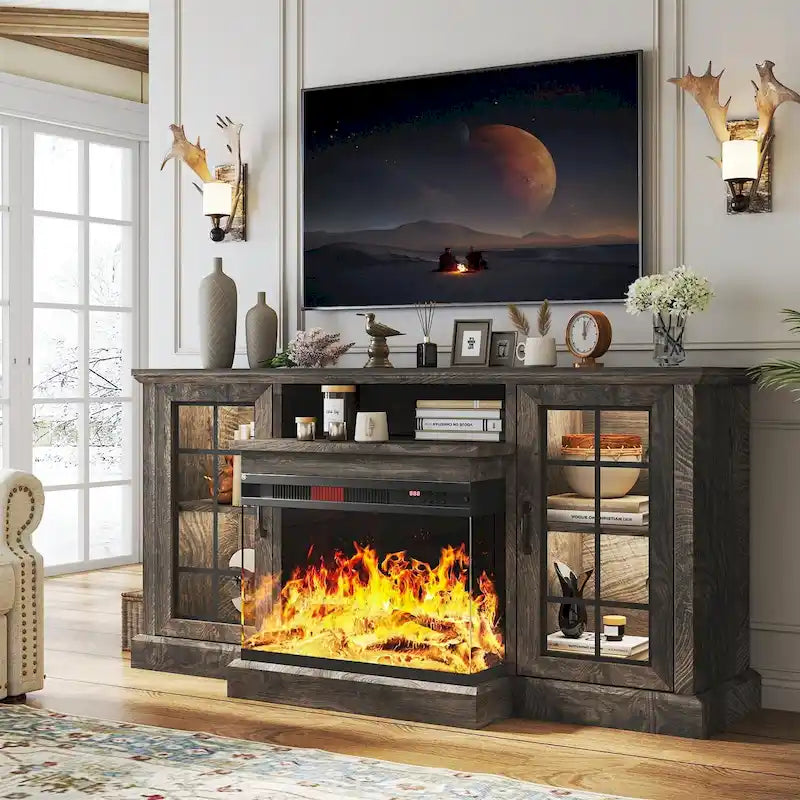 TV stolek s krbem o šířce 59 a elektrickým krbem se sklem ze 3 stran
