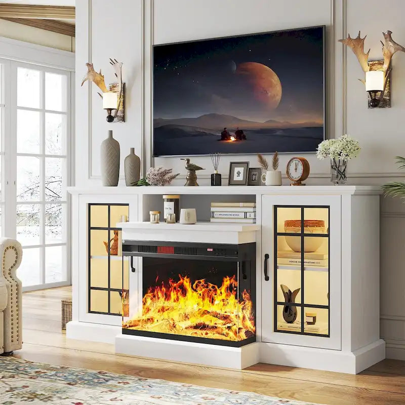 TV stolek s krbem o šířce 59 a elektrickým krbem se sklem ze 3 stran