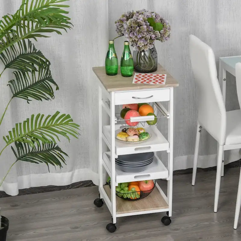 Mobile Rolling Kitchen Island Trolley Serving Cart with Underneath Drawer & Slide-Out Wire Storage Basket