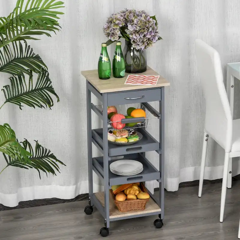 HOMCOM Mobile Rolling Kitchen Island Trolley Serving Cart with Underneath Drawer & Slide-Out Wire Storage Basket