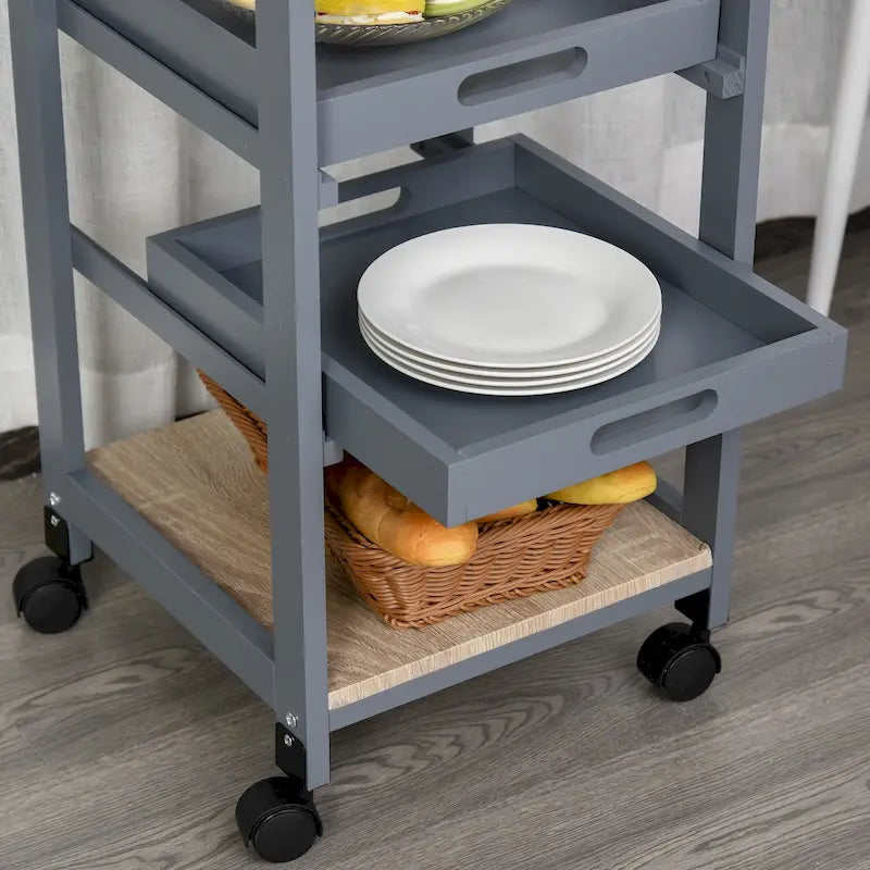 Mobile Rolling Kitchen Island Trolley Serving Cart with Underneath Drawer & Slide-Out Wire Storage Basket