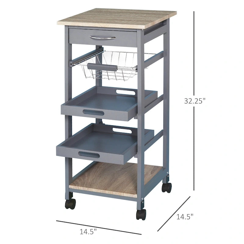Mobile Rolling Kitchen Island Trolley Serving Cart with Underneath Drawer & Slide-Out Wire Storage Basket