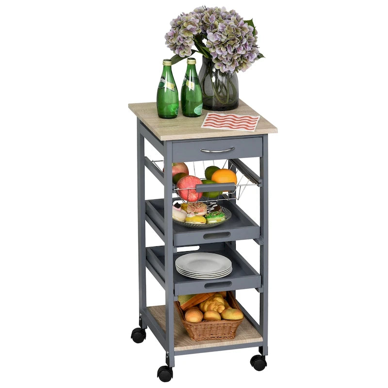 Mobile Rolling Kitchen Island Trolley Serving Cart with Underneath Drawer & Slide-Out Wire Storage Basket