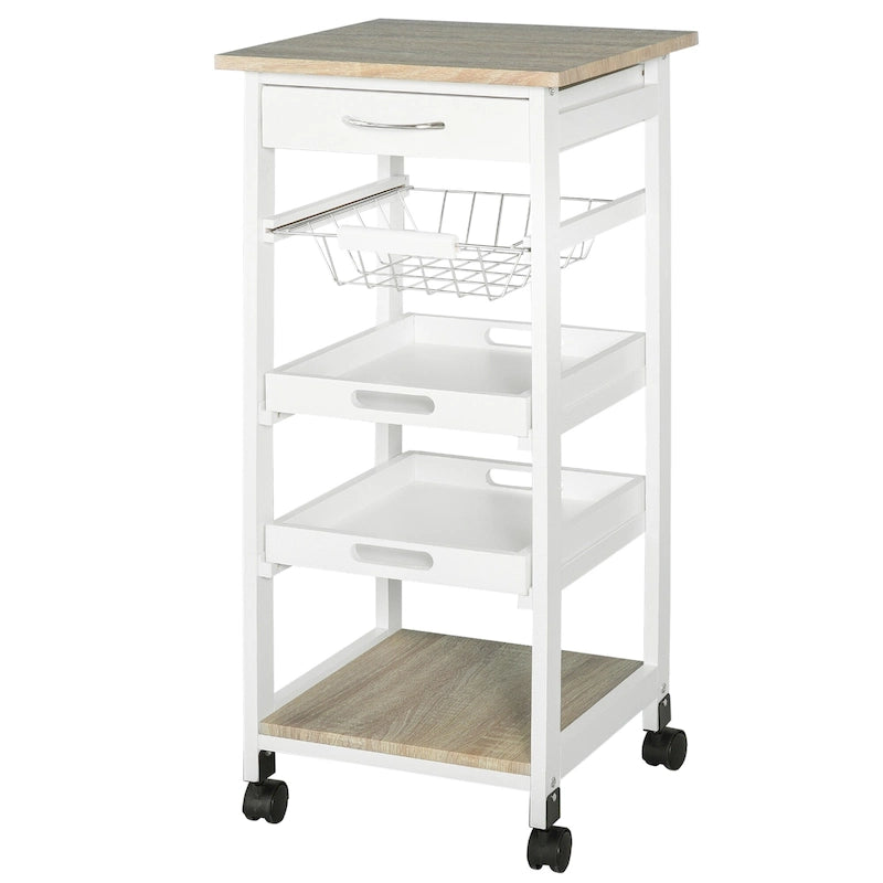 Mobile Rolling Kitchen Island Trolley Serving Cart with Underneath Drawer & Slide-Out Wire Storage Basket