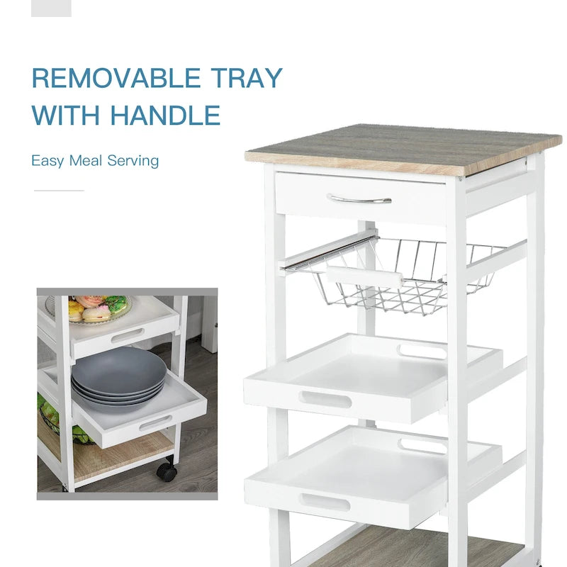 Mobile Rolling Kitchen Island Trolley Serving Cart with Underneath Drawer & Slide-Out Wire Storage Basket