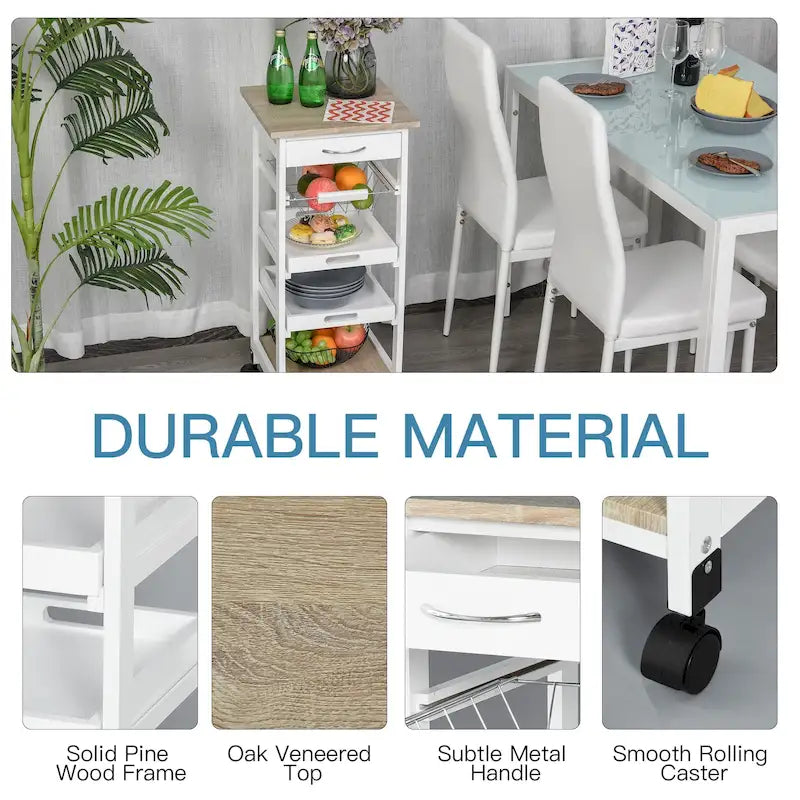 Mobile Rolling Kitchen Island Trolley Serving Cart with Underneath Drawer & Slide-Out Wire Storage Basket