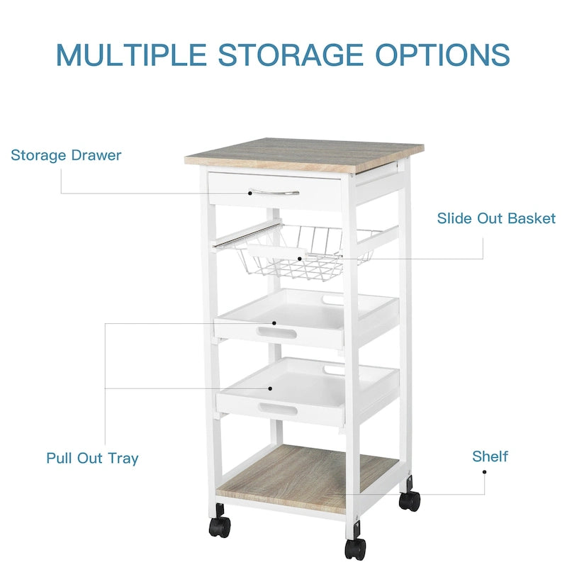 Mobile Rolling Kitchen Island Trolley Serving Cart with Underneath Drawer & Slide-Out Wire Storage Basket
