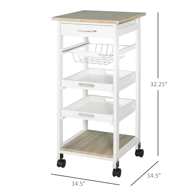 Mobile Rolling Kitchen Island Trolley Serving Cart with Underneath Drawer & Slide-Out Wire Storage Basket