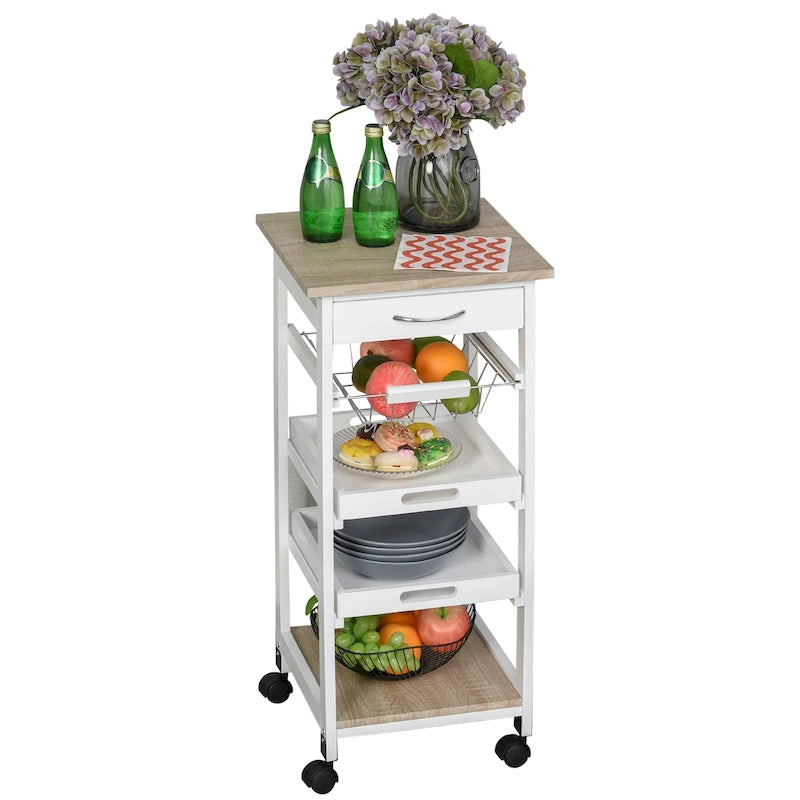 Mobile Rolling Kitchen Island Trolley Serving Cart with Underneath Drawer & Slide-Out Wire Storage Basket